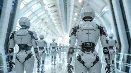 Poster - A group of humanoid robots walking down a futuristic white corridor, seen from behind.