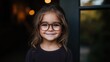 © Matt - Caucasian girl with glasses smiling warmly in front of a dark doorway, cozy and inviting atmosphere
