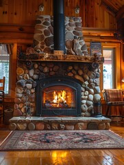 Poster - The warm glow from the fireplace fills the cozy cabin with light, creating an inviting atmosphere for relaxation and comfort. Generative AI