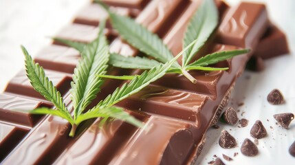 A close-up of a chocolate bar with green cannabis leaves on top. Some chocolate chips are scattered around.