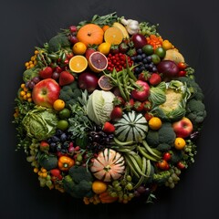 Canvas Print - Vibrant and diverse assortment of fresh fruits and vegetables arranged in a circular pattern. Perfect for healthy eating concepts, food blogs, and nutrition-themed designs. AI