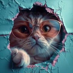 Wall Mural - Cat Wearing Sunglasses Peeking Through a Hole