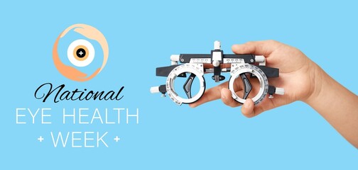 Poster - Banner for National Eye Health Week with hand holding optical trial frame