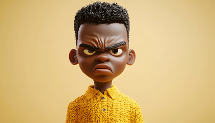 Wall Mural - Illustration of an angry, stressed African boy depicted as a 3D cartoon character in a yellow sweater, set against a light background. Human emotions and expressions concept