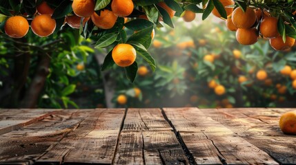 Canvas Print - Wooden table with space above orange groves, for displaying products