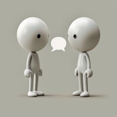 Two 3D characters chat with a white speech bubble on a grey background. They have open mouths and look at each other. The blank bubble allows for custom text. Ideal for communication concepts.