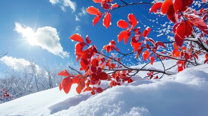 A bright, sunny winter day with a snow-covered landscape and bright orange leaves on a tree branch in the foreground.