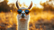 © EEKONG - Llama Rockstar: A charismatic llama rocks aviator sunglasses, bathed in the golden glow of sunset, radiating cool confidence against a blurred natural backdrop.