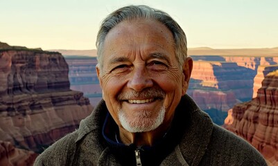 Wall Mural - Headshot portrait video of a satisfied elderly 100 years old man wearing a warm parka against a canyon or desert landscape background