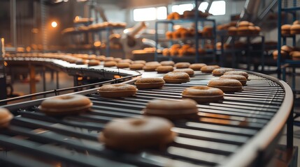 A close up of a conveyor belt in a bakery, with fresh donuts lined up on the belt ready for packaging.