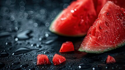 Slices of watermelon with water drops on a dark background.