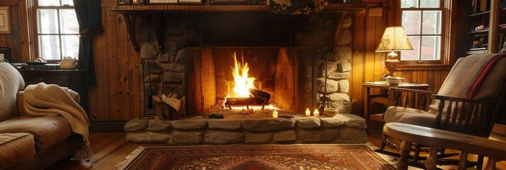 Leinwandbilder - A warm fireplace crackles, illuminating a cozy living room filled with rustic furnishings and inviting textures for a comforting atmosphere. Generative AI