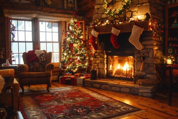 Leinwandbilder - The warm glow from the fireplace fills the cozy room, highlighting the festive decorations and inviting ambiance perfect for winter nights. Generative AI