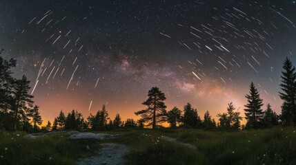 Wall Mural - Meteor shower in the pine forest , Generative AI