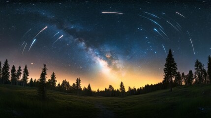 Wall Mural - Meteor shower in the pine forest , Generative AI