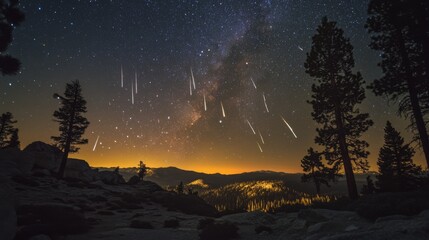 Wall Mural - Meteor shower in the pine forest , Generative AI