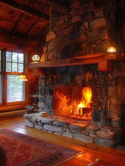 Leinwandbilder - The fireplace crackles warmly, casting a soft glow throughout the rustic cabin, creating a welcoming atmosphere perfect for relaxation. Generative AI
