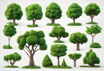 Wall Mural - Set of 3d cartoon clipart green trees isolated on white and transparent background