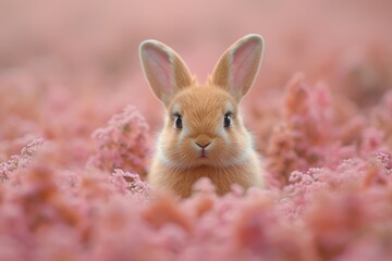 Wall Mural - Cute Bunny in a Pink Flower Field