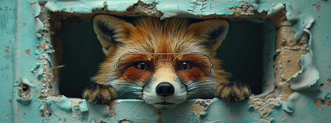 Sticker - A red fox with sunglasses looking out from a hole in a wall.