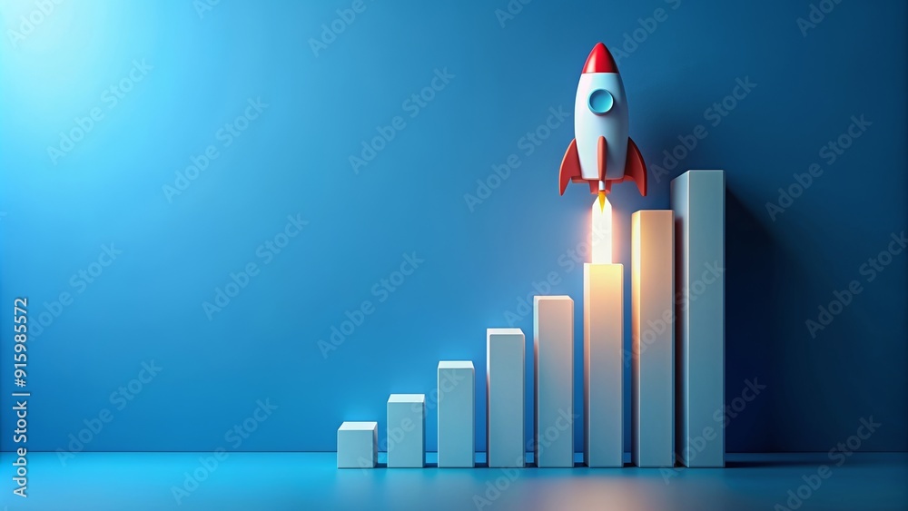 Rocket taking off in front of a bar graph on blue background in ...