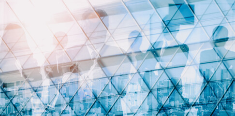 Wall Mural - double exposure image of faded business abstract background with office building and people conferen
