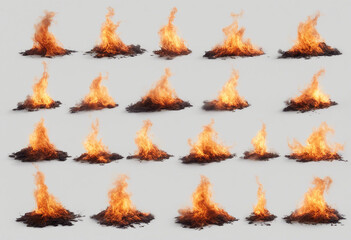 Set of fire flames elements design isolated on white and transparent background