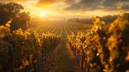 Wall Mural - A picturesque vineyard at sunset with rows of grapevines and golden light.