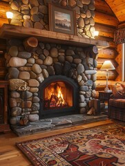 Wall Mural - The warmth of the roaring fireplace fills the rustic cabin, inviting relaxation and comfort in the glow of the flames. Generative AI