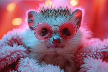 Sticker - Hedgehog wearing pink round glasses,  looking at the camera