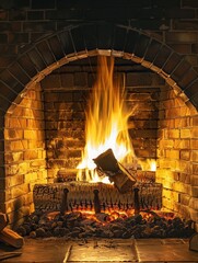 Poster - The warm glow from the roaring fireplace envelops the room, providing a comforting atmosphere on a cold evening. Generative AI