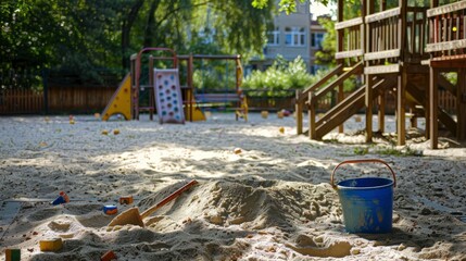 A playground sandbox with a bucket and spade.