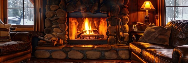 Wall Mural - A roaring fire fills the cabin with warmth, surrounded by comfortable seating and the glow of soft lighting on a chilly winter night. Generative AI