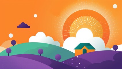 Wall Mural - Sunset Over Rolling Hills with a Tiny House