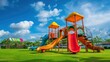 © peeter - A playground with a colorful slide and a green field.
