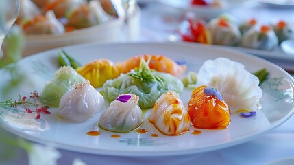 a plate of elegantly arranged dim sum with colorful dumplings and artistic presentation