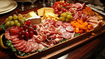 an elegant charcuterie board with artistically arranged meats, cheeses, and fruits, looking like a still life painting