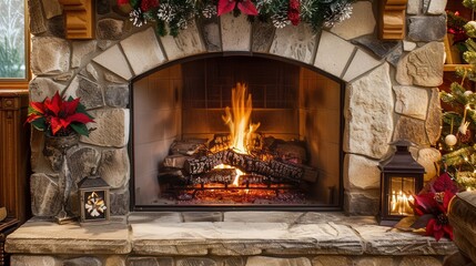 Poster - The fireplace crackles warmly, illuminating the room with a comforting glow while festive decorations enhance the cozy atmosphere of the winter evening. Generative AI