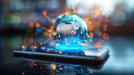 Poster - A glass globe representing the Earth sits on top of a smart phone, with an out of focus background.