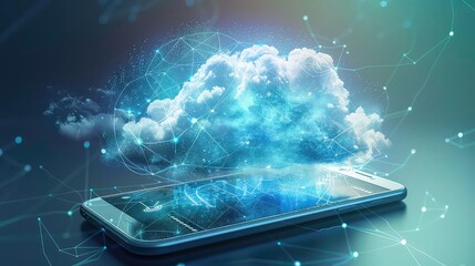 Poster - A smart phone with a cloud-shaped digital network above it. The cloud is made of white lines with glowing blue nodes, representing data points.