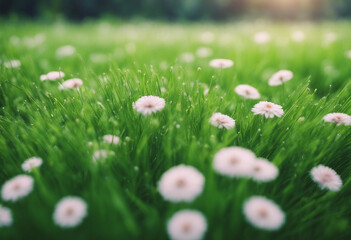 Wall Mural - Top view bright green grass field and flower background