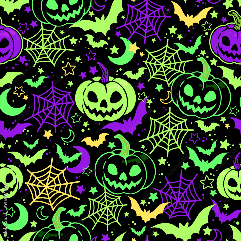 Seamless vector halloween background with pumpkins, spider webs and ...