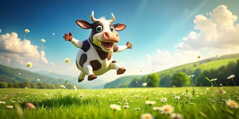 Cow character happily jumping on a vibrant green meadow , cow, character, animal, jumping, meadow, green, happy, joyful, playful