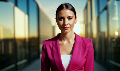 Wall Mural - Portrait of a beautiful business woman in pink suit looking at camera