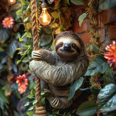 Wall Mural - Close-up of a Sloth Hanging on a Rope in a Lush Green Tropical Setting