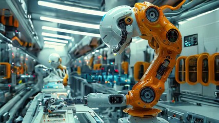 Poster - robotic arms working on a factory conveyor belt