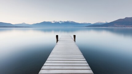  An old, weather-beaten wooden pier jutting into a tranquil lake, coarse textures highlighted by morning light, with mountains in the distance