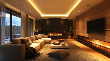 Wall Mural - Modern living room with electric fireplace, cozy sofas, and attractive decor