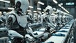 © florynstudio3 - A line of white robots work on a factory assembly line, assembling clothing.