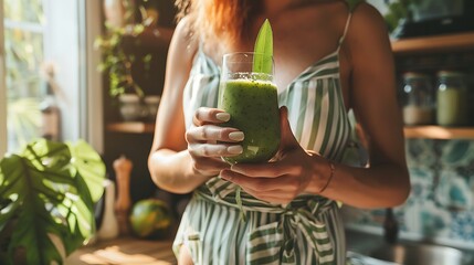 Sticker - Woman in Striped Dress Holding a Glass of Green Smoothie